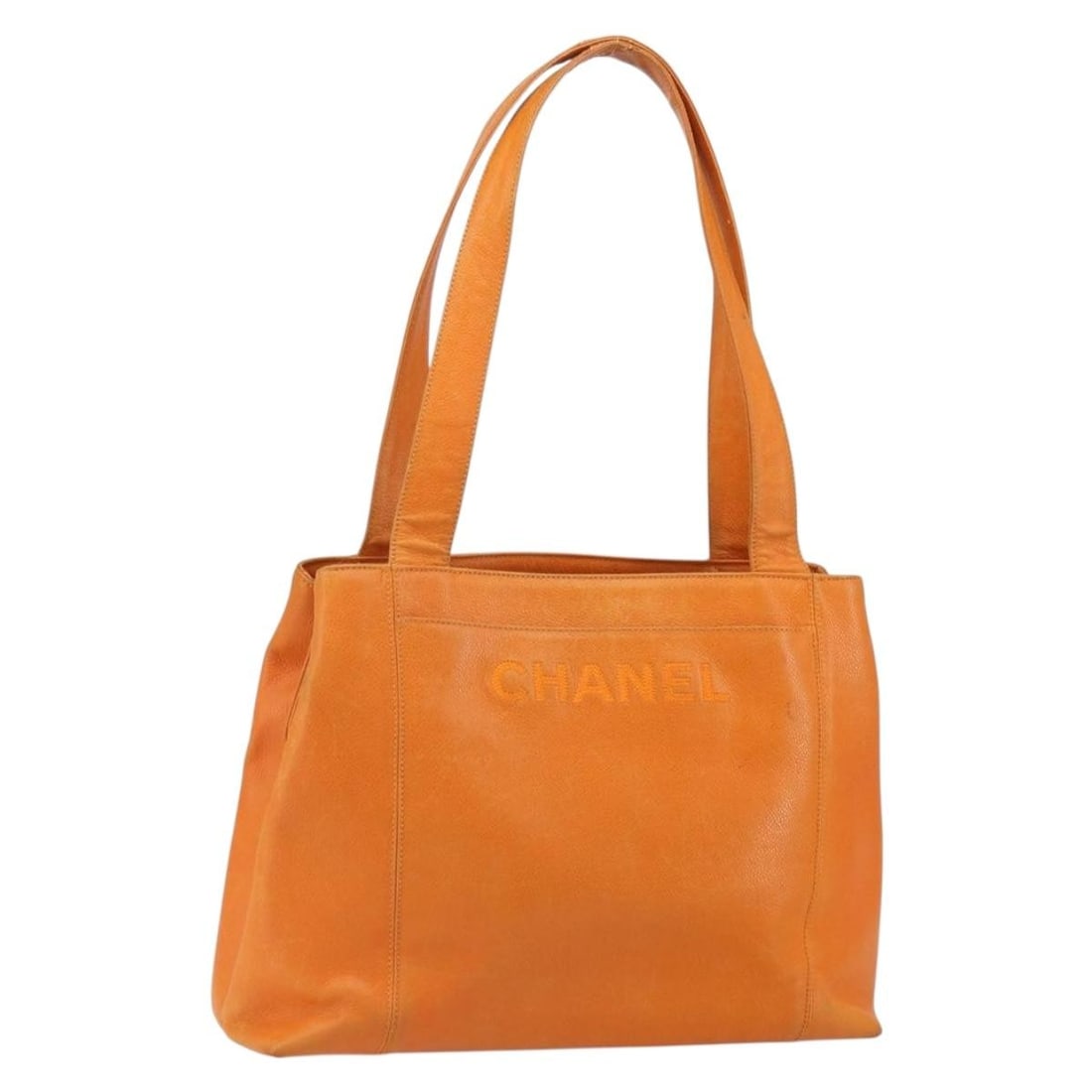 Orange Caviar Calfskin Tote with Gold CC Logo by CHANEL: Orange Caviar Calfskin Tote with Gold CC Logo by CHANEL This CHANEL tote bag is crafted from grained caviar calfskin in an orange and gold color combination. Made in Italy, it features gold-tone CC de
