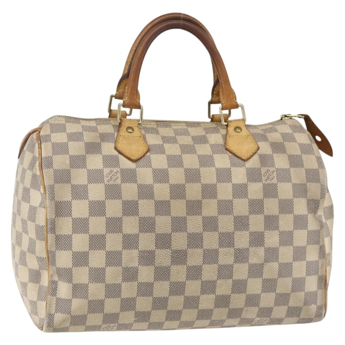 Damier Azur Canvas Speedy 30 Handbag by Louis Vuitton N41533: Damier Azur Canvas Speedy 30 Handbag by Louis Vuitton N41533 This Louis Vuitton Speedy 30 handbag features the iconic Damier Azur canvas, crafted in France. The bag displays significant signs of wear,