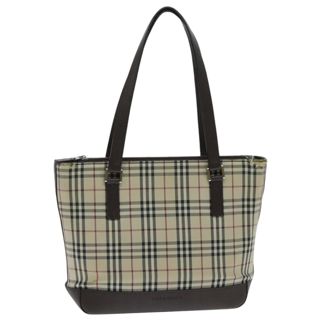 Beige Canvas Nova Check Tote by Burberry for Women: Beige Canvas Nova Check Tote by Burberry for Women This Burberry Nova Check tote bag features a classic beige canvas exterior with the signature check pattern. Designed for women, it offers a spacious