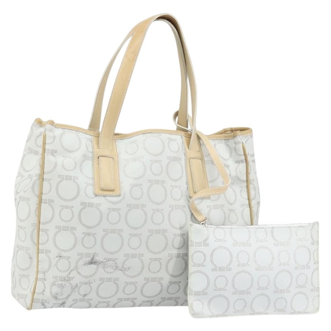 Ferragamo Gancini Silver White PVC Tote with Pouch: Ferragamo Gancini Silver White PVC Tote with Pouch This Salvatore Ferragamo Gancini tote bag features a silver and white PVC leather exterior with a structured silhouette. The tote includes a matching