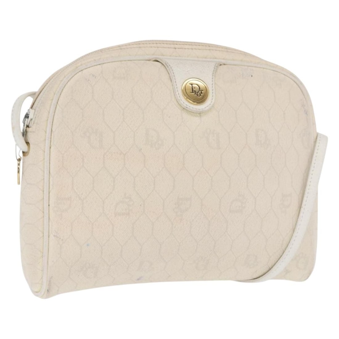 White and Gold Honeycomb Canvas Shoulder Bag by Christian Dior: White and Gold Honeycomb Canvas Shoulder Bag by Christian Dior This Christian Dior shoulder bag features the iconic honeycomb canvas in a white and gold color scheme. Designed for women, the bag was c