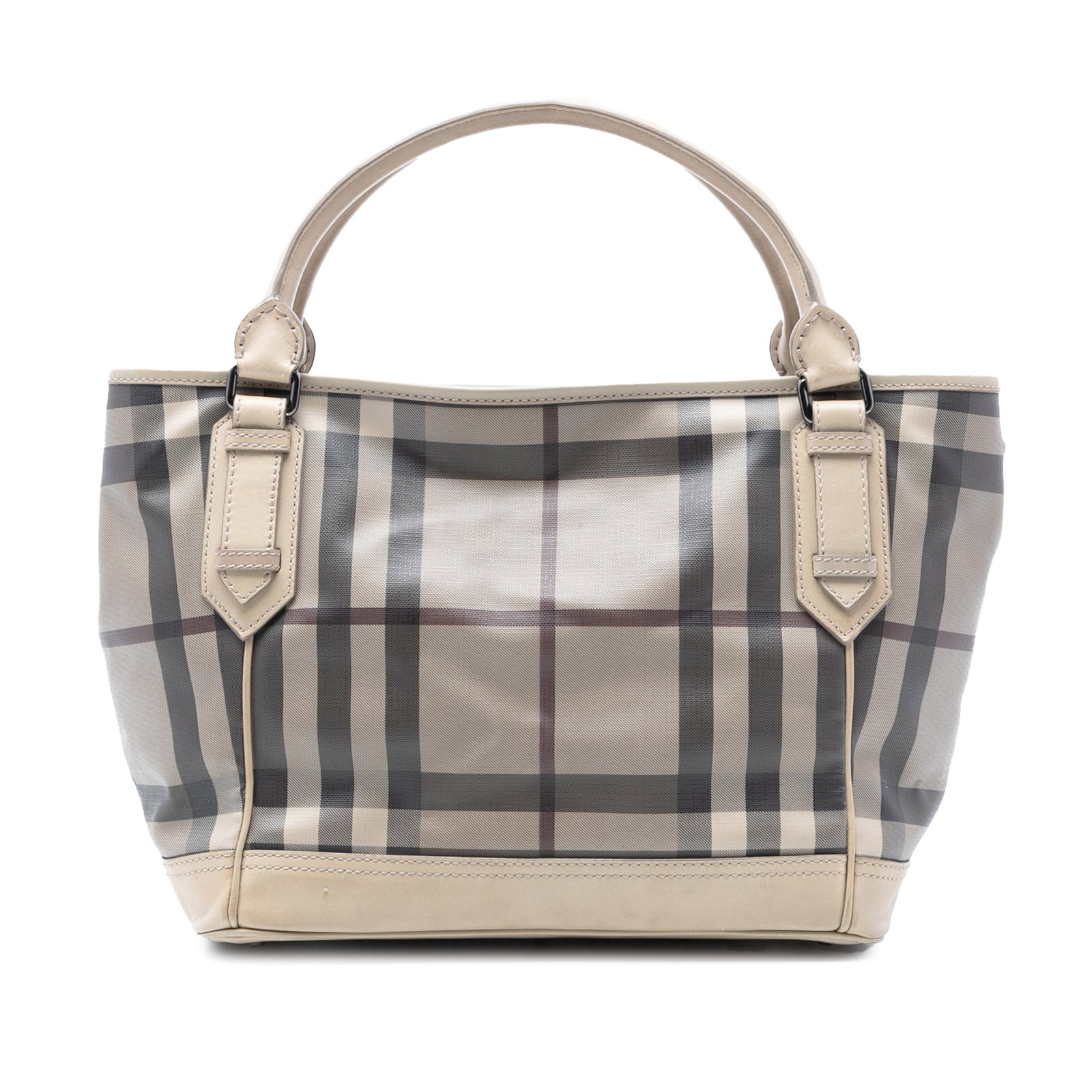 Burberry Beige Coated Canvas Tote with Smoked Check Pattern and Leather Trim: Burberry Beige Coated Canvas Tote with Smoked Check Pattern and Leather Trim This Burberry handbag features a signature smoked check coated canvas body with leather trim, rolled leather handles, a top