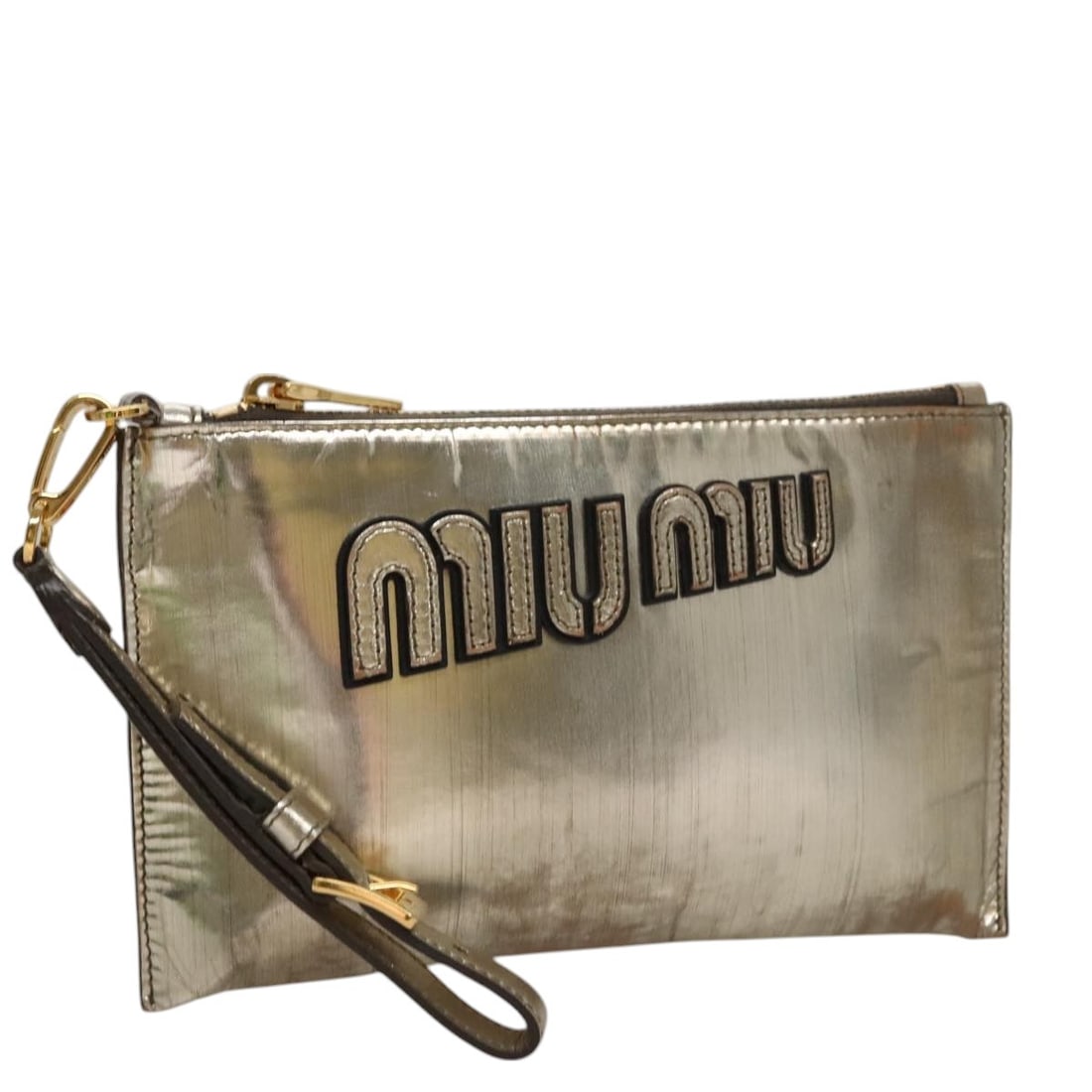 Gold Enamel Clutch Purse by Miu Miu for Women: Gold Enamel Clutch Purse by Miu Miu for Women This Miu Miu women's clutch bag features a gold enamel exterior with a compact design. The bag is made in Turkey and showcases a sleek silhouette, perfect