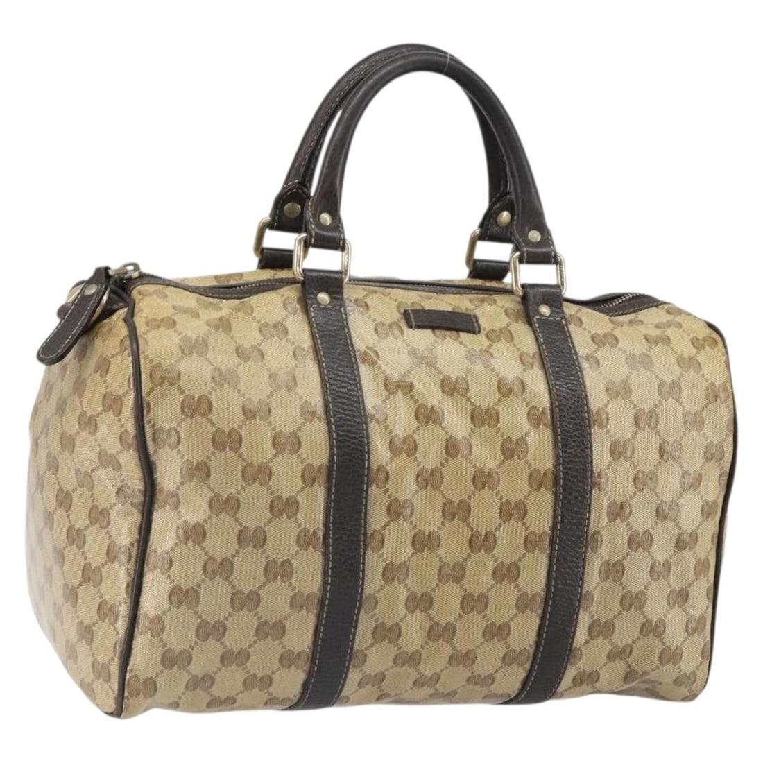 Beige Gold GG Canvas Boston Bag by Gucci Model 265697: Beige Gold GG Canvas Boston Bag by Gucci Model 265697 This is a Gucci GG Crystal Boston Bag crafted from beige and gold GG canvas. The bag features dual top handles and a structured silhouette, with a