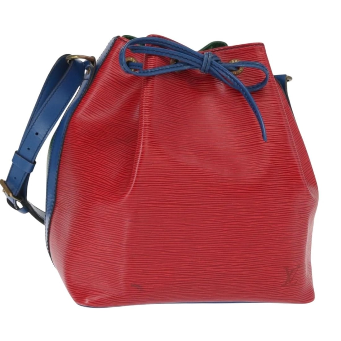 LOUIS VUITTON Epi Petit Noe Tricolor Shoulder Bag M44147: LOUIS VUITTON Epi Petit Noe Tricolor Shoulder Bag M44147 Introducing the LOUIS VUITTON Epi Petit Noe Bag, a stylish shoulder bag that showcases a vibrant tricolor design in green, red, and blue. Craft