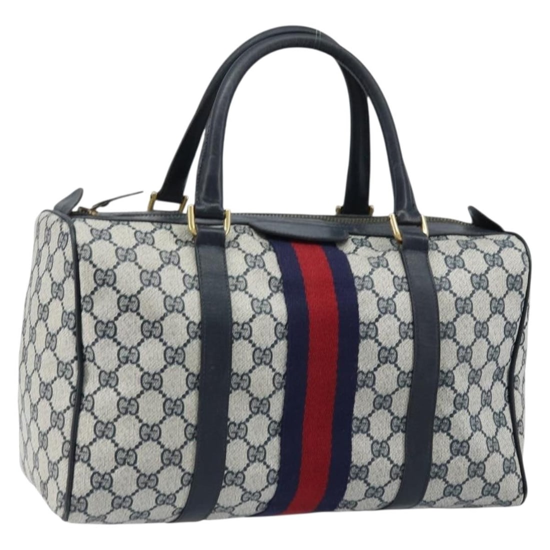 Gucci Sherry Line GG Supreme Navy Red PVC Leather Handbag Italy: Gucci Sherry Line GG Supreme Navy Red PVC Leather Handbag Italy This GUCCI GG Supreme Sherry Line hand bag features a navy and red colorway crafted from PVC leather and GG canvas. Designed for women,