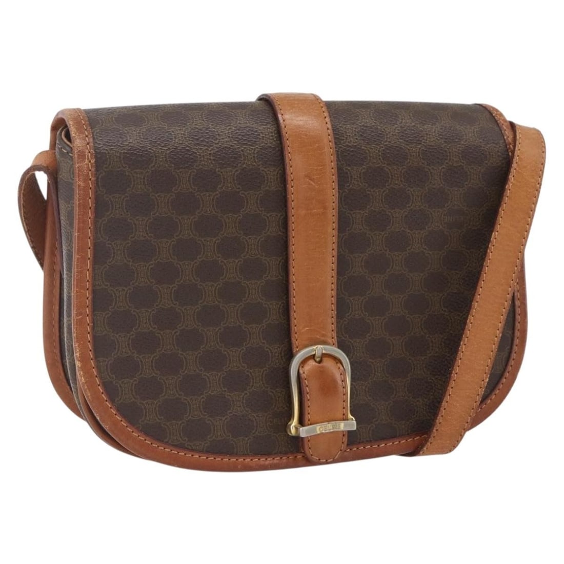 Celine Macadam Shoulder Bag in Brown PVC Leather Gold Accents: Celine Macadam Shoulder Bag in Brown PVC Leather Gold Accents This CELINE Macadam shoulder bag features brown and gold PVC leather with the signature Macadam canvas design. Designed for women, it offe