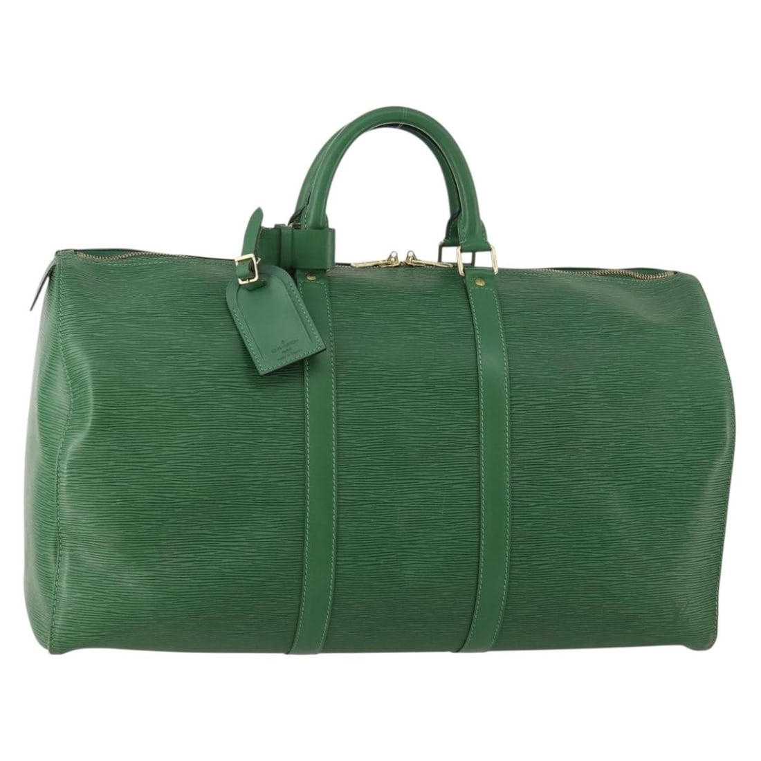 Louis Vuitton Keepall 55 Epi Leather Green Boston Bag M42954 France: Louis Vuitton Keepall 55 Epi Leather Green Boston Bag M42954 France This is a Louis Vuitton Epi Keepall 55 Boston Bag in green, crafted from Epi leather. Designed for women, it features a spacious int