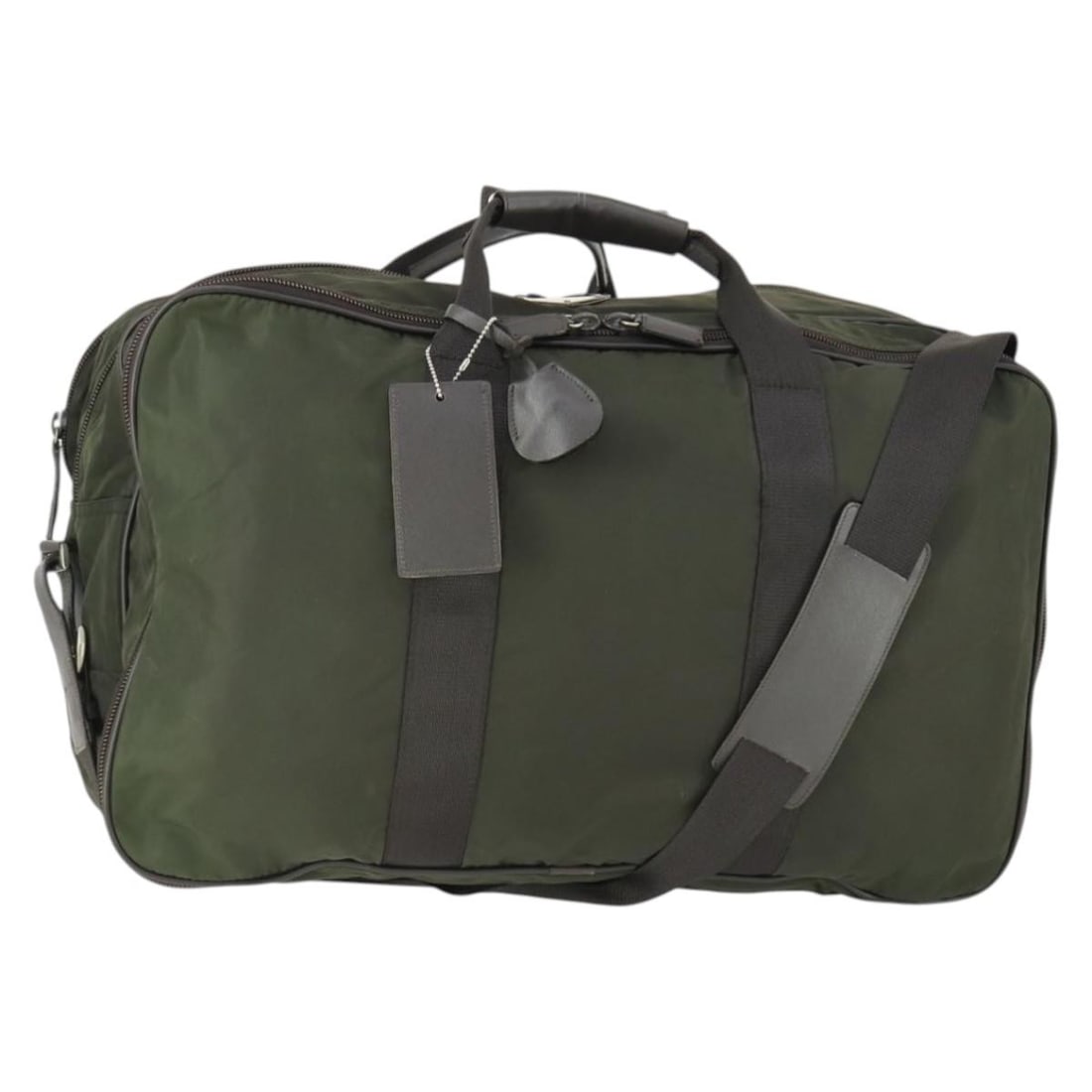 Green Nylon Boston Shoulder Bag by Prada with Silver Tone Hardware: Green Nylon Boston Shoulder Bag by Prada with Silver Tone Hardware This is a PRADA Boston Bag crafted from green nylon with silver-tone accents. Designed for women, it features both shoulder and handl