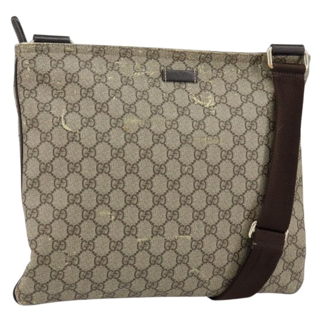 GUCCI GG Supreme Beige Gold PVC Shoulder Bag 201446 Auth: GUCCI GG Supreme Beige Gold PVC Shoulder Bag 201446 Auth This authentic GUCCI GG Supreme Shoulder Bag is a stylish accessory made from durable PVC leather and GG canvas. With a chic beige and gold col