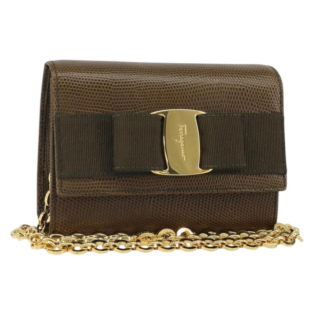 Ferragamo Vara Ribbon Brown Leather Shoulder Bag with Chain Strap: Ferragamo Vara Ribbon Brown Leather Shoulder Bag with Chain Strap This Salvatore Ferragamo Vara Ribbon chain shoulder bag is crafted from brown and gold leather. Designed for women, it features a comp