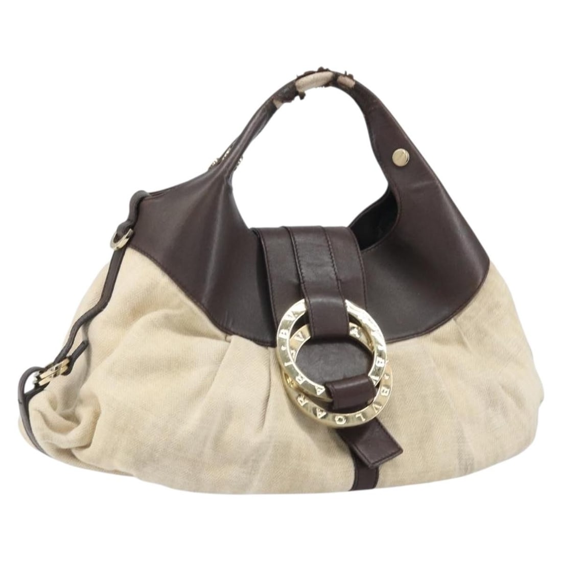 BVLGARI Canvas Beige Gold Tote Bag Made in Italy: BVLGARI Canvas Beige Gold Tote Bag Made in Italy This BVLGARI hand bag features a beige and gold canvas exterior. Made in Italy, the bag includes a spacious interior and a handle drop for easy carryin