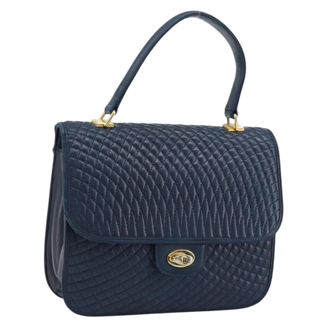 Navy Leather Handbag with Gold Accents by Bally Italy (1 of 18)