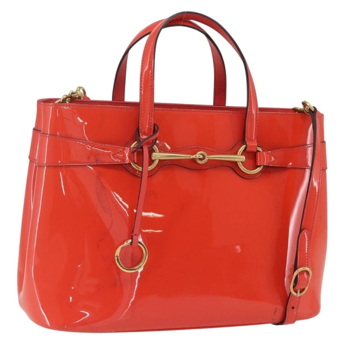 Orange Patent Leather Gucci Horsebit 2way Handbag with Shoulder Strap 319795: Orange Patent Leather Gucci Horsebit 2way Handbag with Shoulder Strap 319795 This GUCCI Horsebit hand bag features a striking orange patent leather exterior and a versatile 2-way design that can be ca