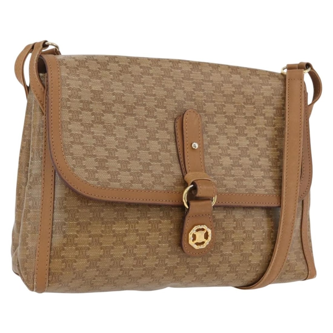 Celine Macadam Beige PVC Shoulder Bag with Gold Tone Accents: Celine Macadam Beige PVC Shoulder Bag with Gold Tone Accents This is a CELINE Macadam canvas shoulder bag crafted from beige and gold PVC leather. Designed for women, it features a classic Macadam pat