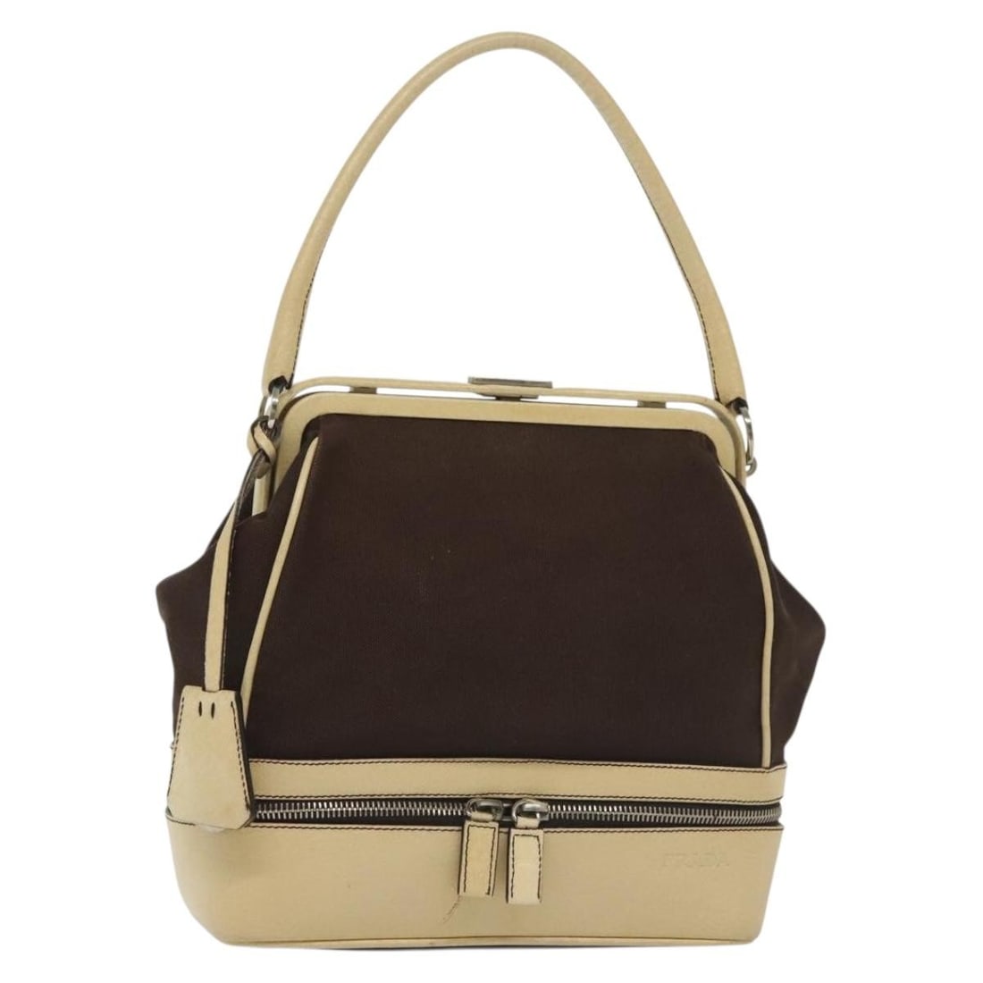 PRADA Beige Brown Canvas Hand Bag with Clochette Made in Italy: PRADA Beige Brown Canvas Hand Bag with Clochette Made in Italy This PRADA handbag showcases a sophisticated blend of beige and brown canvas, exuding elegance and versatility for various occasions. Cra