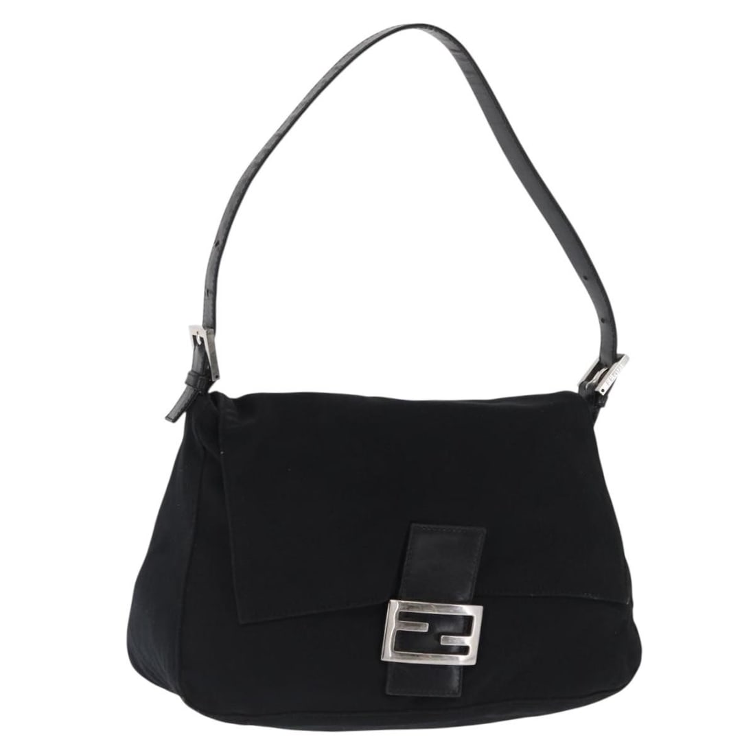 Black Silver Nylon Fendi Mamma Baguette Shoulder Bag Italy Made: Black Silver Nylon Fendi Mamma Baguette Shoulder Bag Italy Made This FENDI Mamma Baguette shoulder bag features a black and silver nylon exterior with a structured rectangular silhouette. It includes