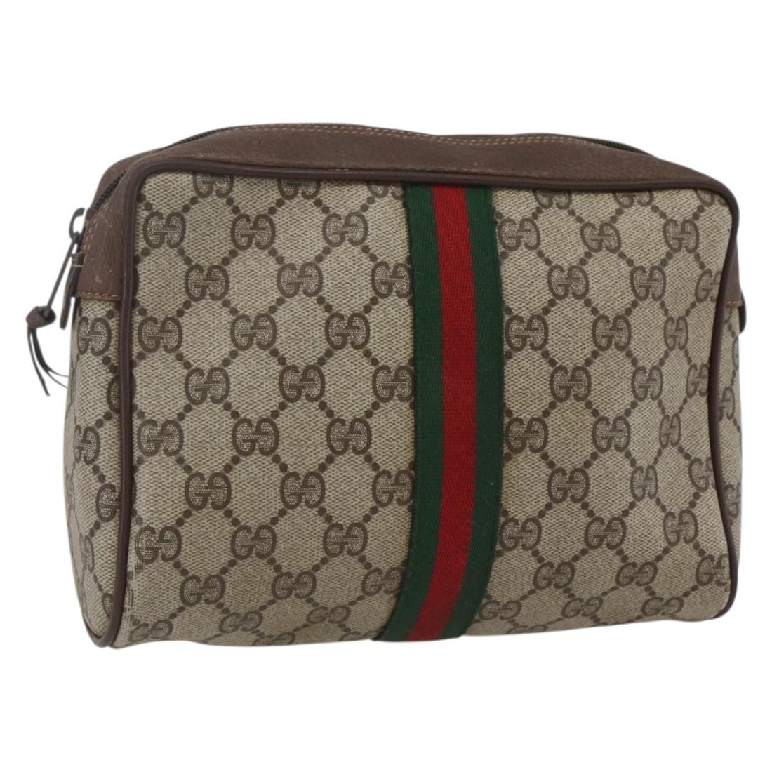 Beige GG Supreme Web Clutch by Gucci PVC Leather 156 01 012: Beige GG Supreme Web Clutch by Gucci PVC Leather 156 01 012 This Gucci GG Supreme Web Sherry Line clutch bag is crafted from beige PVC leather and GG canvas, featuring the iconic Gucci web detail. Mad