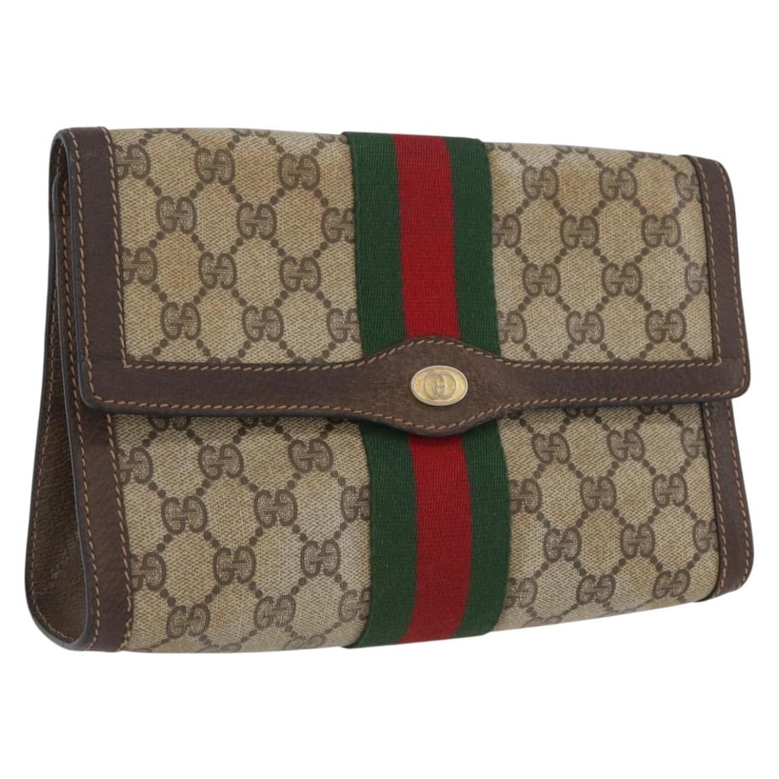 Gucci Beige GG Supreme Sherry Web Clutch Bag PVC Leather Italy: Gucci Beige GG Supreme Sherry Web Clutch Bag PVC Leather Italy This is a Gucci GG Supreme Web Sherry Line clutch bag crafted from beige and gold PVC leather and GG canvas. Designed for women, this Ita
