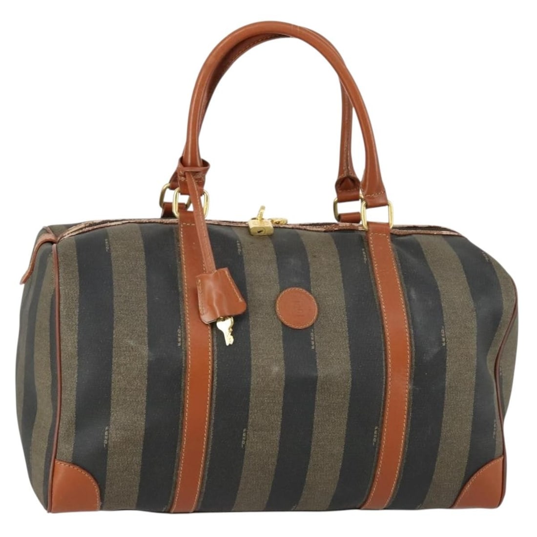 Fendi Pequin Canvas and PVC Leather Boston Bag Black Brown Gold with Padlock: Fendi Pequin Canvas and PVC Leather Boston Bag Black Brown Gold with Padlock This FENDI Boston bag features a classic black and brown Pequin canvas with PVC leather accents. Designed and crafted in It