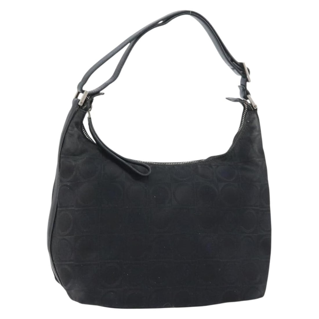 Black Nylon Gancini Shoulder Bag by Salvatore Ferragamo Italy: Black Nylon Gancini Shoulder Bag by Salvatore Ferragamo Italy This Salvatore Ferragamo Gancini shoulder bag features a black nylon exterior with silver-tone accents. Made in Italy, the bag is designed