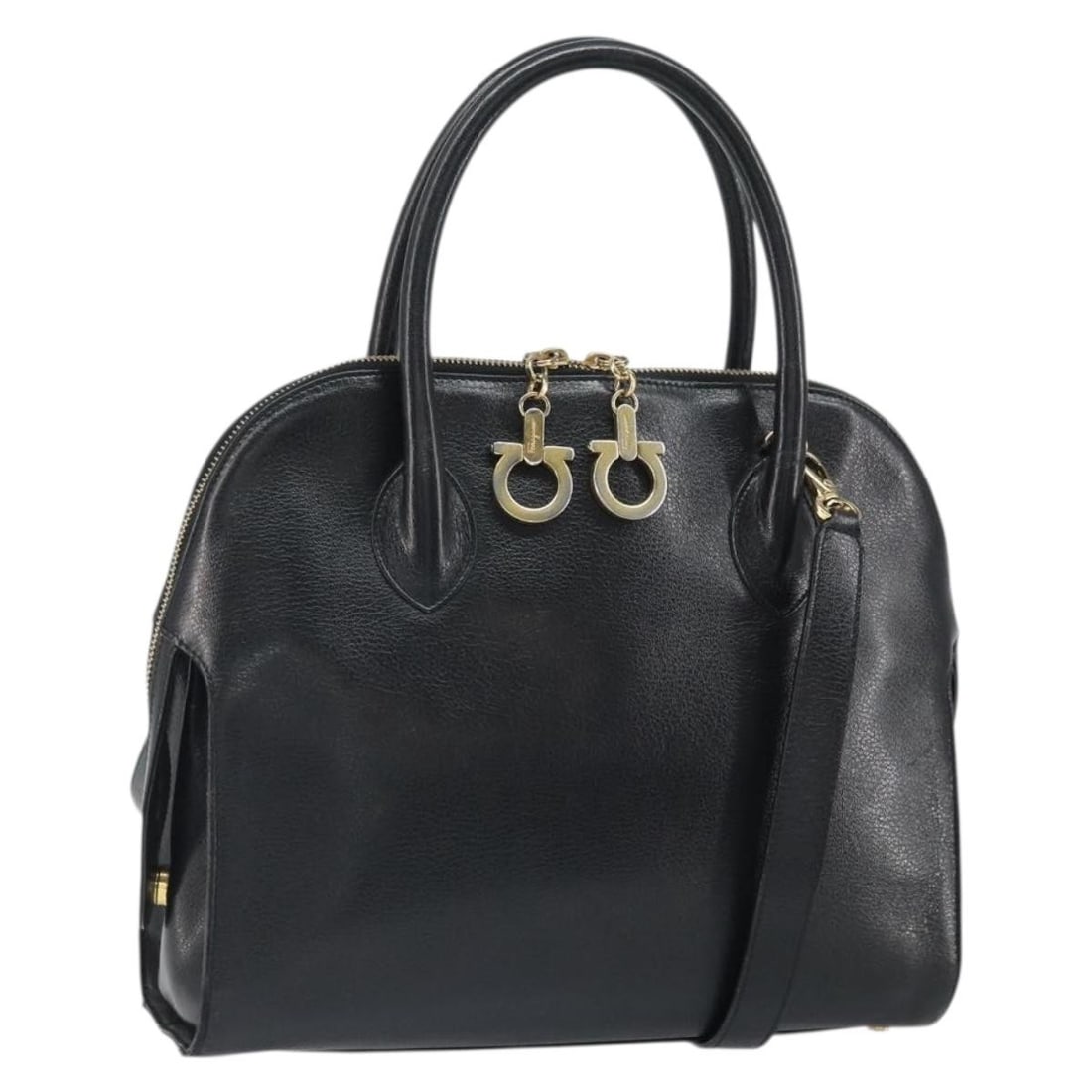 Black Leather Gancini 2way Shoulder Bag by Salvatore Ferragamo Gold Hardware: Black Leather Gancini 2way Shoulder Bag by Salvatore Ferragamo Gold Hardware This Salvatore Ferragamo Gancini shoulder bag features a classic black leather exterior with gold-tone accents. Designed fo