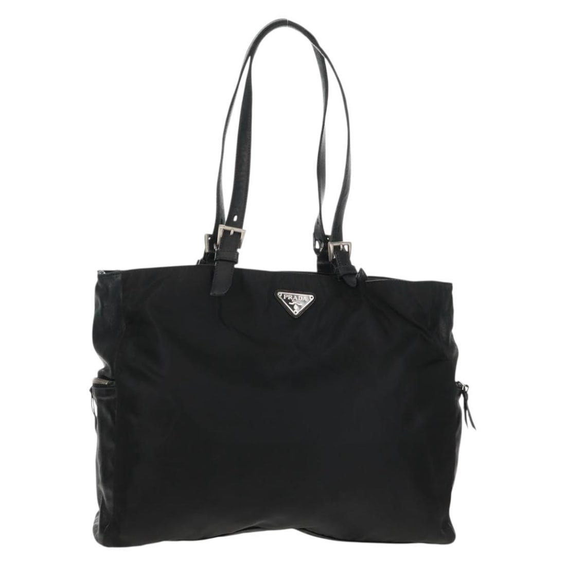 Black Nylon and Leather Prada Tote Bag from Italy Silver Accents: Black Nylon and Leather Prada Tote Bag from Italy Silver Accents This PRADA tote bag is crafted from black nylon with leather accents and silver-tone hardware. Made in Italy, it features a spacious in