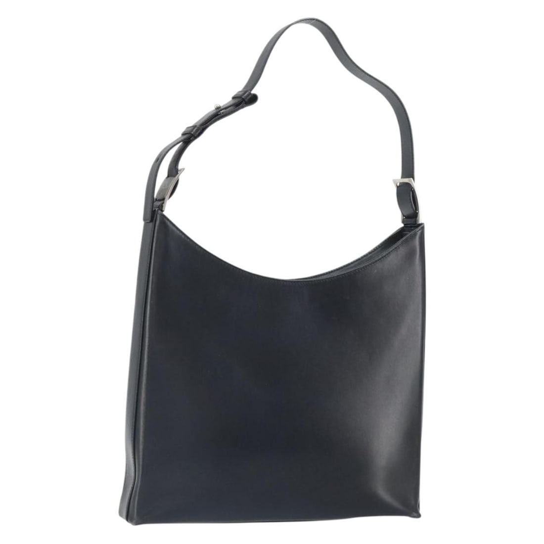 Black Leather Salvatore Ferragamo Shoulder Bag with Silver Tone Details: Black Leather Salvatore Ferragamo Shoulder Bag with Silver Tone Details This Salvatore Ferragamo shoulder bag is crafted from black leather with silver-tone accents. Designed with a structured silhoue