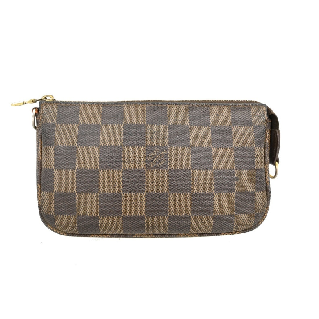Louis Vuitton Mini Damier Ebene Pochette Accessoires Canvas Handbag with Chain: Louis Vuitton Mini Damier Ebene Pochette Accessoires Canvas Handbag with Chain This Louis Vuitton Mini Pochette Accessoires features the iconic Damier Ebene canvas with a brown checker pattern. The co
