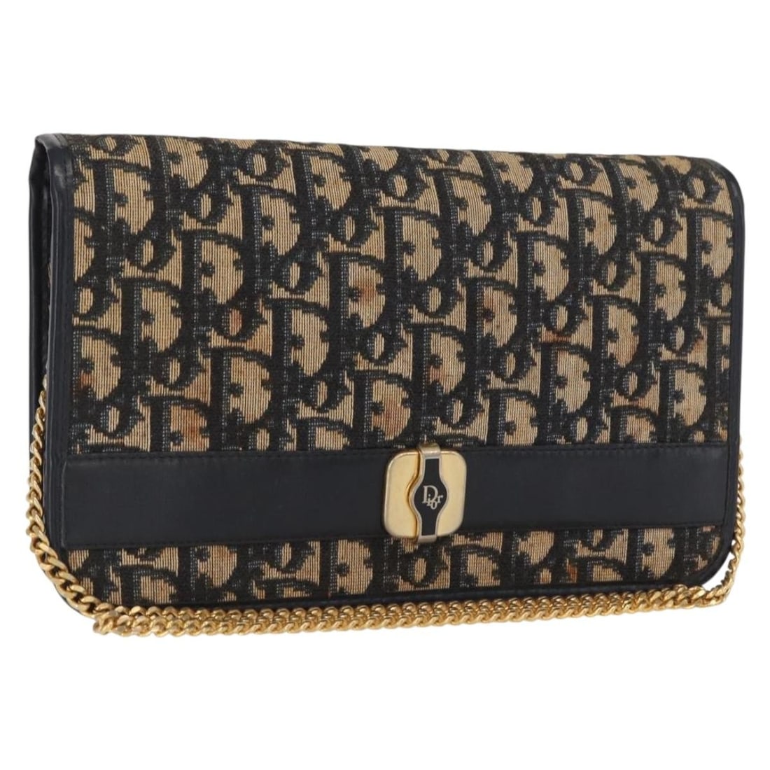 Navy Trotter Canvas Shoulder Bag by Christian Dior with Gold Chain Detail: Navy Trotter Canvas Shoulder Bag by Christian Dior with Gold Chain Detail This Christian Dior shoulder bag features the iconic Trotter canvas in navy and gold tones. Made in France, it offers a compac
