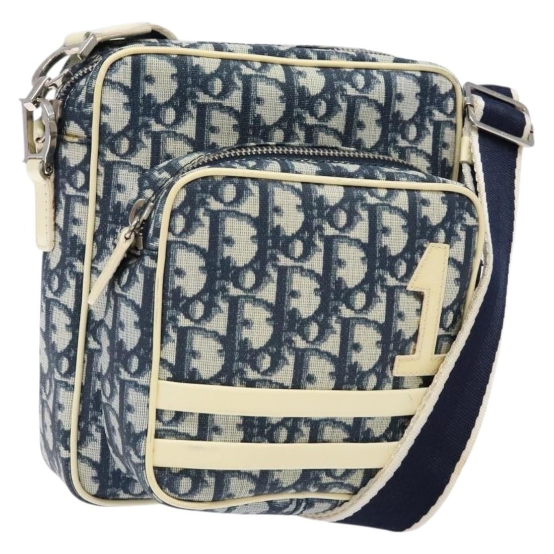 Christian Dior Trotter Canvas Shoulder Bag Navy Silver PVC Italy: Christian Dior Trotter Canvas Shoulder Bag Navy Silver PVC Italy Elevate your style with this authentic Christian Dior Trotter Canvas Shoulder Bag, crafted from durable PVC leather in a chic navy and