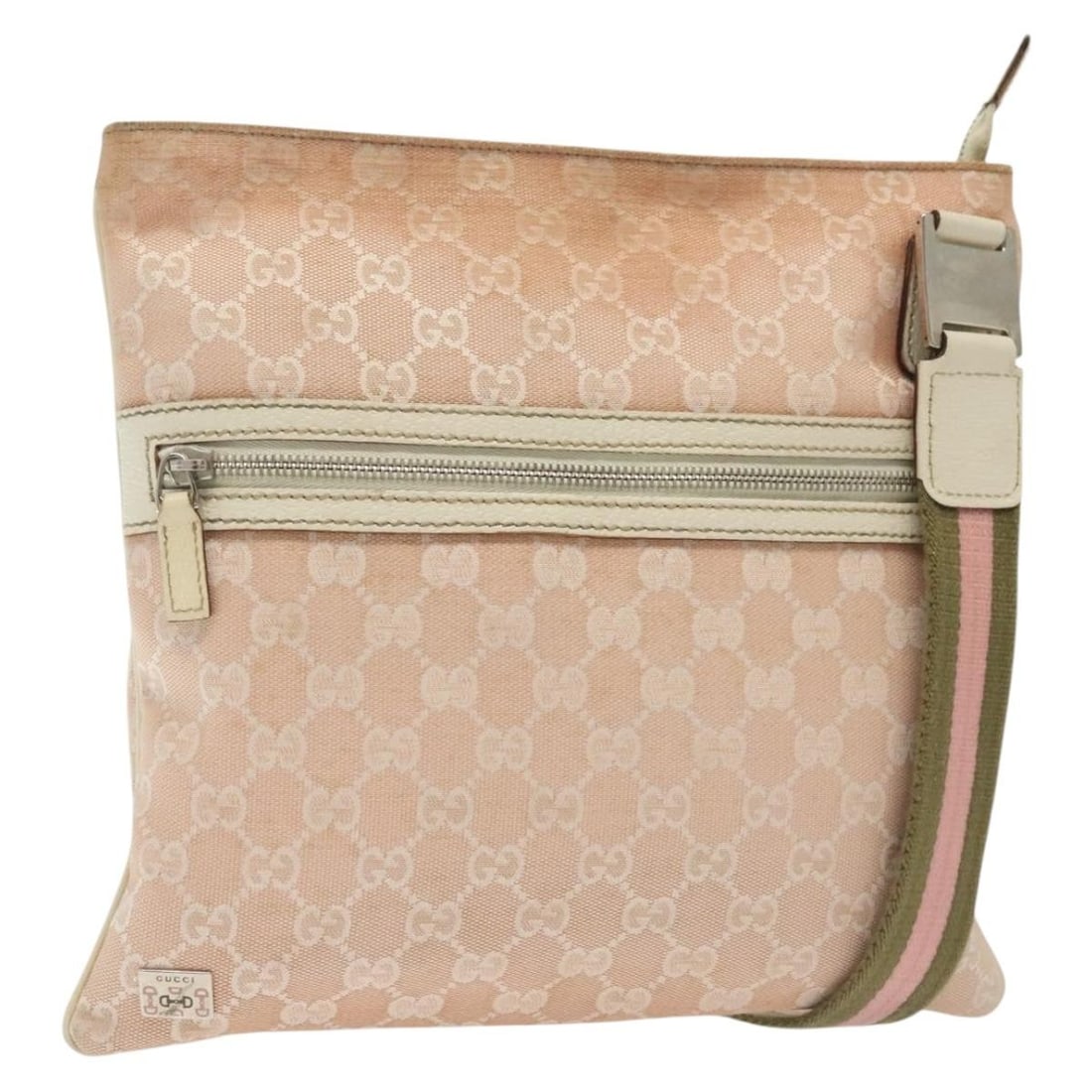 GUCCI GG Canvas Sherry Line Shoulder Bag Pink Silver Khaki Auth 145809: GUCCI GG Canvas Sherry Line Shoulder Bag Pink Silver Khaki Auth 145809 This GUCCI GG Canvas Sherry Line Shoulder Bag is a stylish accessory that combines elegance and functionality. Crafted from durab