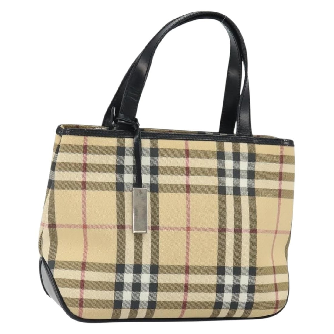 Beige and Black PVC Nova Check Handbag by Burberry: Beige and Black PVC Nova Check Handbag by Burberry This is a Burberry Nova Check hand bag, crafted from PVC leather in beige, black, and silver tones. The bag features the classic Nova Check pattern a