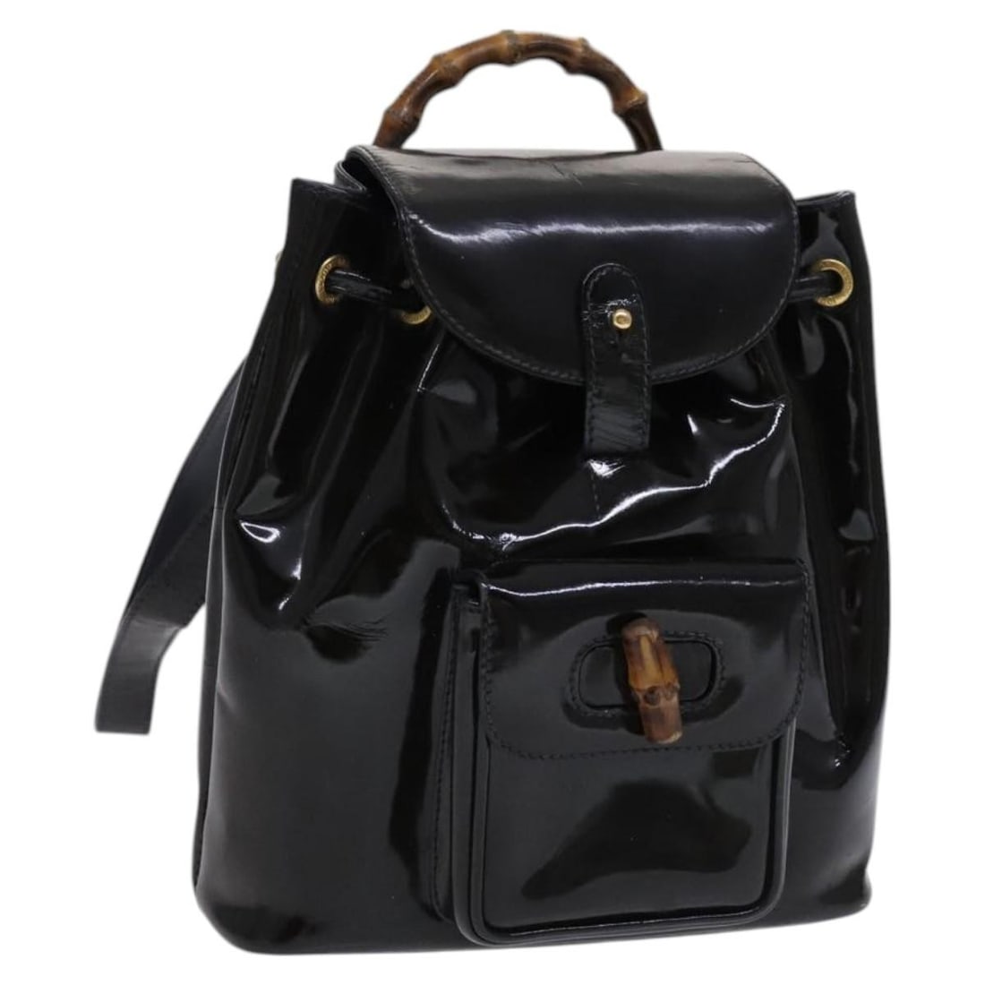 Gucci Enamel Bamboo Backpack Black and Gold Italian Women's Bag: Gucci Enamel Bamboo Backpack Black and Gold Italian Women's Bag This GUCCI Bamboo Backpack features a black and gold enamel exterior and is designed for women. The backpack is made in Italy and showca