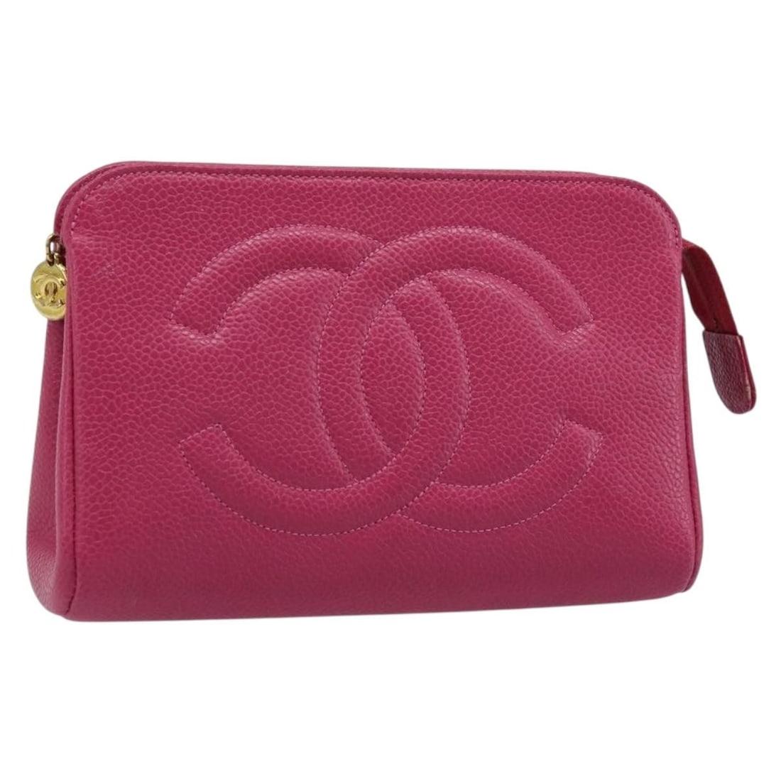 Chanel Pink Caviar Leather Pouch with Gold CC Logo: Chanel Pink Caviar Leather Pouch with Gold CC Logo This CHANEL COCO Mark pouch is crafted from pink grained caviar calf skin and features a gold CC logo accent. Designed for women, it is made in Franc