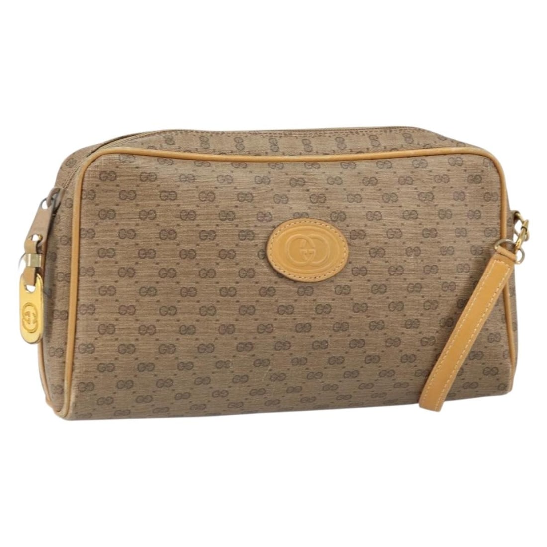 Micro GG Supreme Beige Gold PVC Shoulder Bag by Gucci: Micro GG Supreme Beige Gold PVC Shoulder Bag by Gucci This GUCCI Micro GG Supreme shoulder bag features a beige and gold color scheme and is crafted from PVC leather with Micro GG canvas accents. The