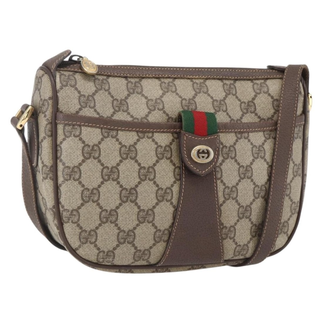 GUCCI Sherry Line Beige Gold GG Supreme Shoulder Bag 89 02 032: GUCCI Sherry Line Beige Gold GG Supreme Shoulder Bag 89 02 032 This Gucci GG Supreme Web Sherry Line shoulder bag features a beige and gold PVC leather exterior combined with GG canvas. It has a struc