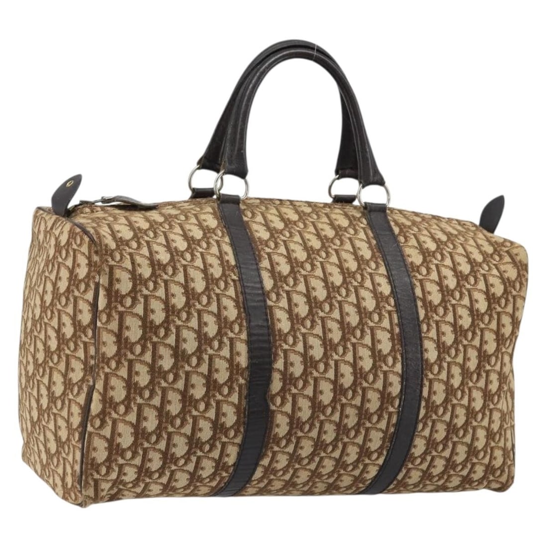 Beige Silver Trotter Canvas Boston Bag by Christian Dior: Beige Silver Trotter Canvas Boston Bag by Christian Dior This Christian Dior Boston bag features the iconic Trotter canvas in beige and silver tones. Designed for women, the bag is crafted in France a