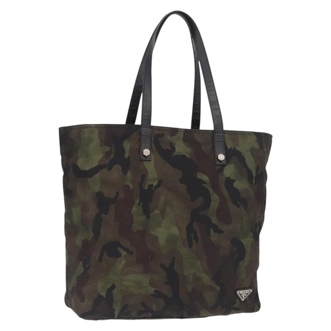 Khaki Nylon Tote by PRADA Camouflage Pattern Made in Italy: Khaki Nylon Tote by PRADA Camouflage Pattern Made in Italy This PRADA camouflage tote bag is crafted from khaki nylon and features a spacious design ideal for everyday use. Made in Italy, the bag show
