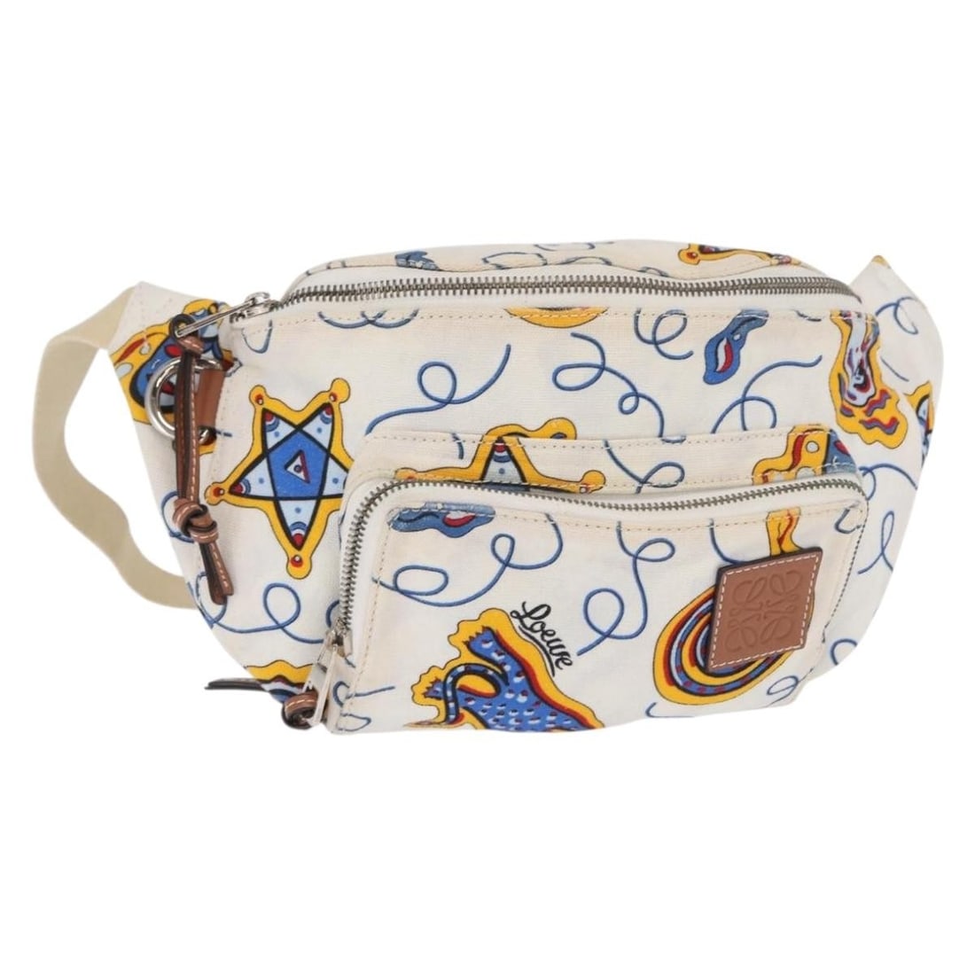 Loewe Canvas White and Silver Waist Bag from Spain: Loewe Canvas White and Silver Waist Bag from Spain This LOEWE waist bag is crafted from white and silver canvas and features an adjustable shoulder strap. The bag shows visible signs of use, including