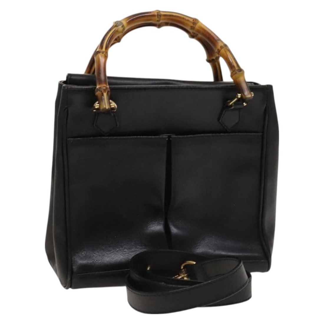 Gucci Black Leather Bamboo Two Way Shoulder Bag with Gold Accents 000 123 0316: Gucci Black Leather Bamboo Two Way Shoulder Bag with Gold Accents 000 123 0316 This GUCCI Bamboo Hand Bag is crafted from black leather and features gold-tone accents. Designed for versatile use, it c