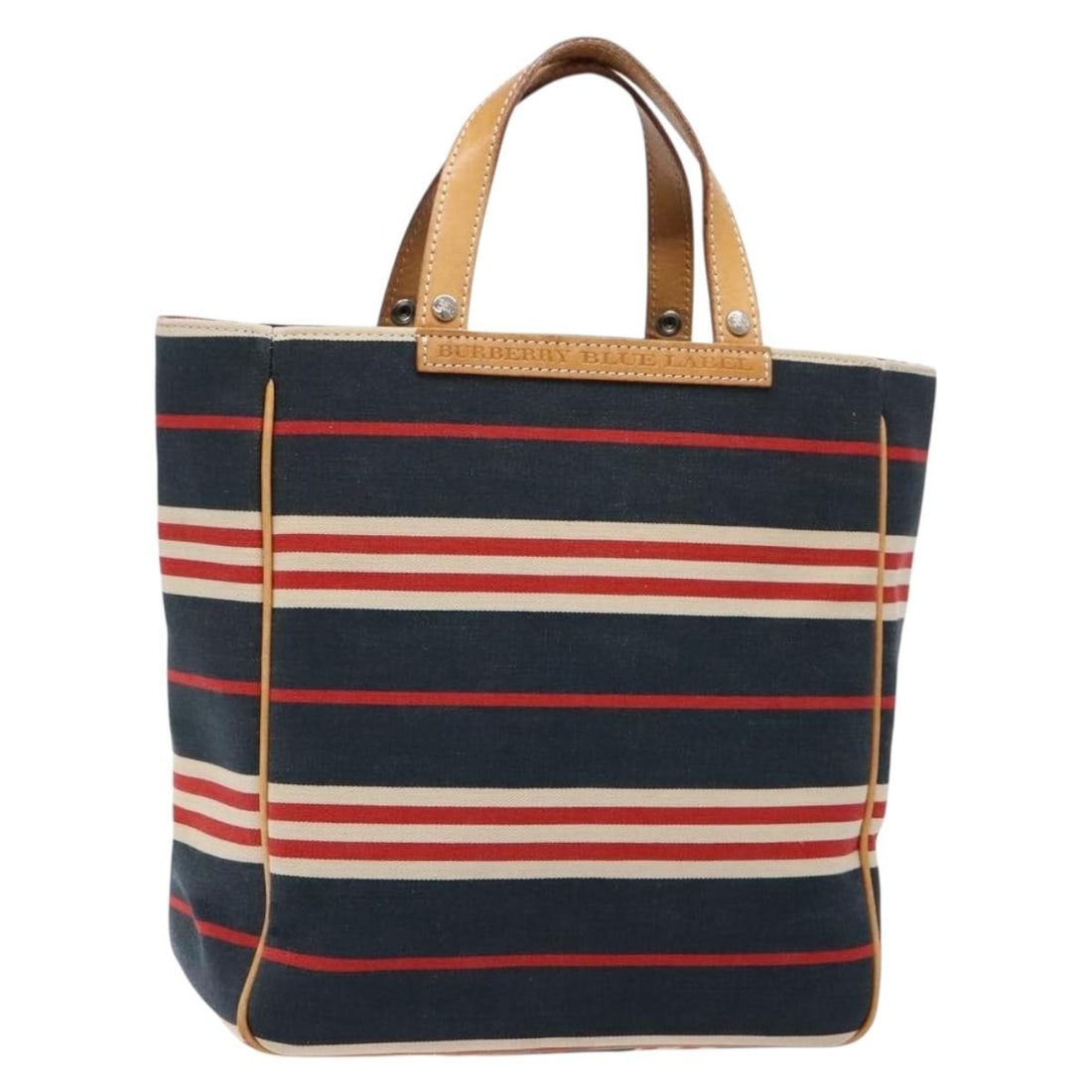 BURBERRY Blue Label Navy Silver Canvas Hand Bag Authentic: BURBERRY Blue Label Navy Silver Canvas Hand Bag Authentic This Burberry Blue Label hand bag showcases a stylish navy and silver canvas exterior, combining practicality with elegance. Crafted in Japan,