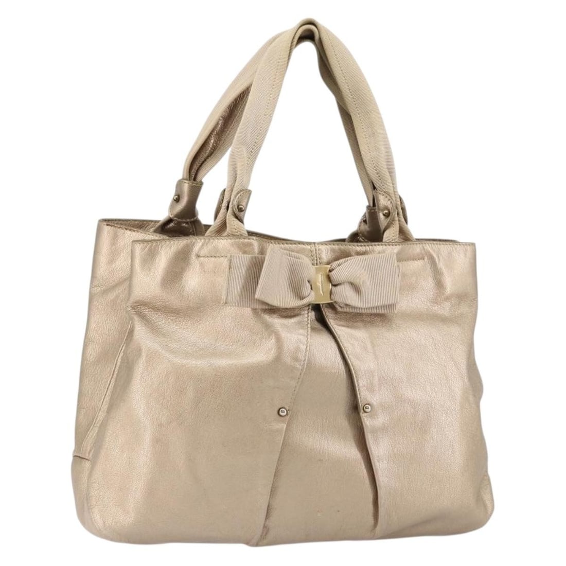 Salvatore Ferragamo Vala Leather Hand Bag Beige Gold Auth BA5699 (1 of 18)