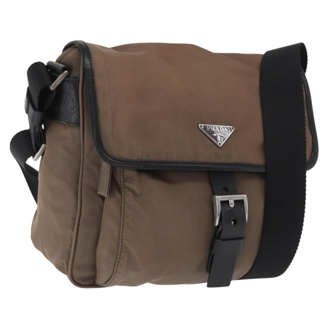 Prada Brown Nylon Shoulder Bag with Silver Accents for Women: Prada Brown Nylon Shoulder Bag with Silver Accents for Women This PRADA shoulder bag is crafted from brown and silver nylon and features a versatile strap drop adjustable from 11.8 to 23.6 inches. Des