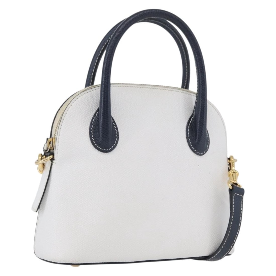 Celine White Leather Convertible Handbag with Shoulder Strap Gold Accents: Celine White Leather Convertible Handbag with Shoulder Strap Gold Accents This CELINE handbag is crafted from leather in a white and gold color combination. It features both a top handle and a detacha