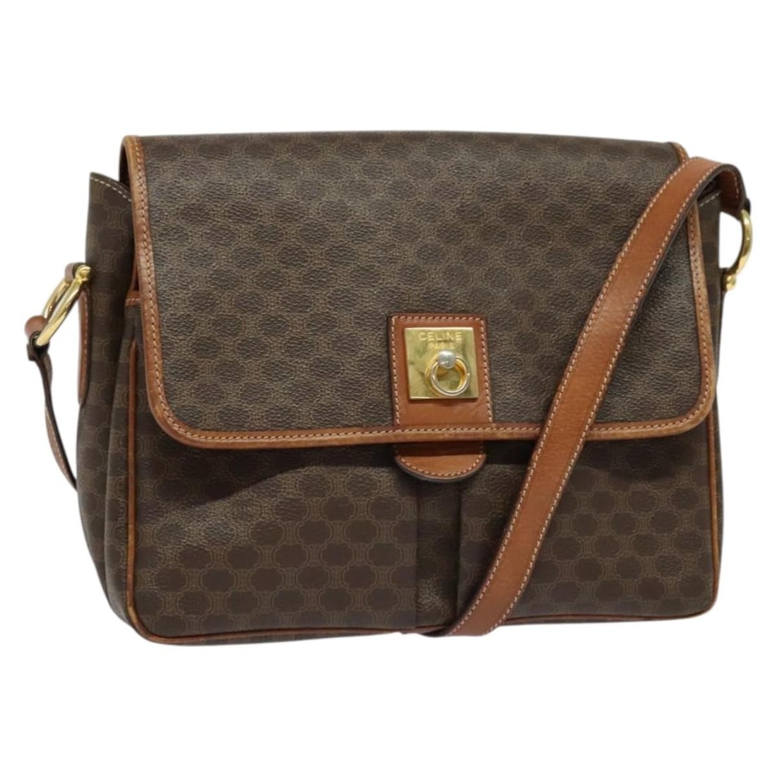 CELINE Macadam Canvas Shoulder Bag Brown Gold PVC Leather Made in Italy: CELINE Macadam Canvas Shoulder Bag Brown Gold PVC Leather Made in Italy This CELINE Macadam Canvas Shoulder Bag is a stylish accessory made from PVC leather, featuring a chic brown and gold color comb