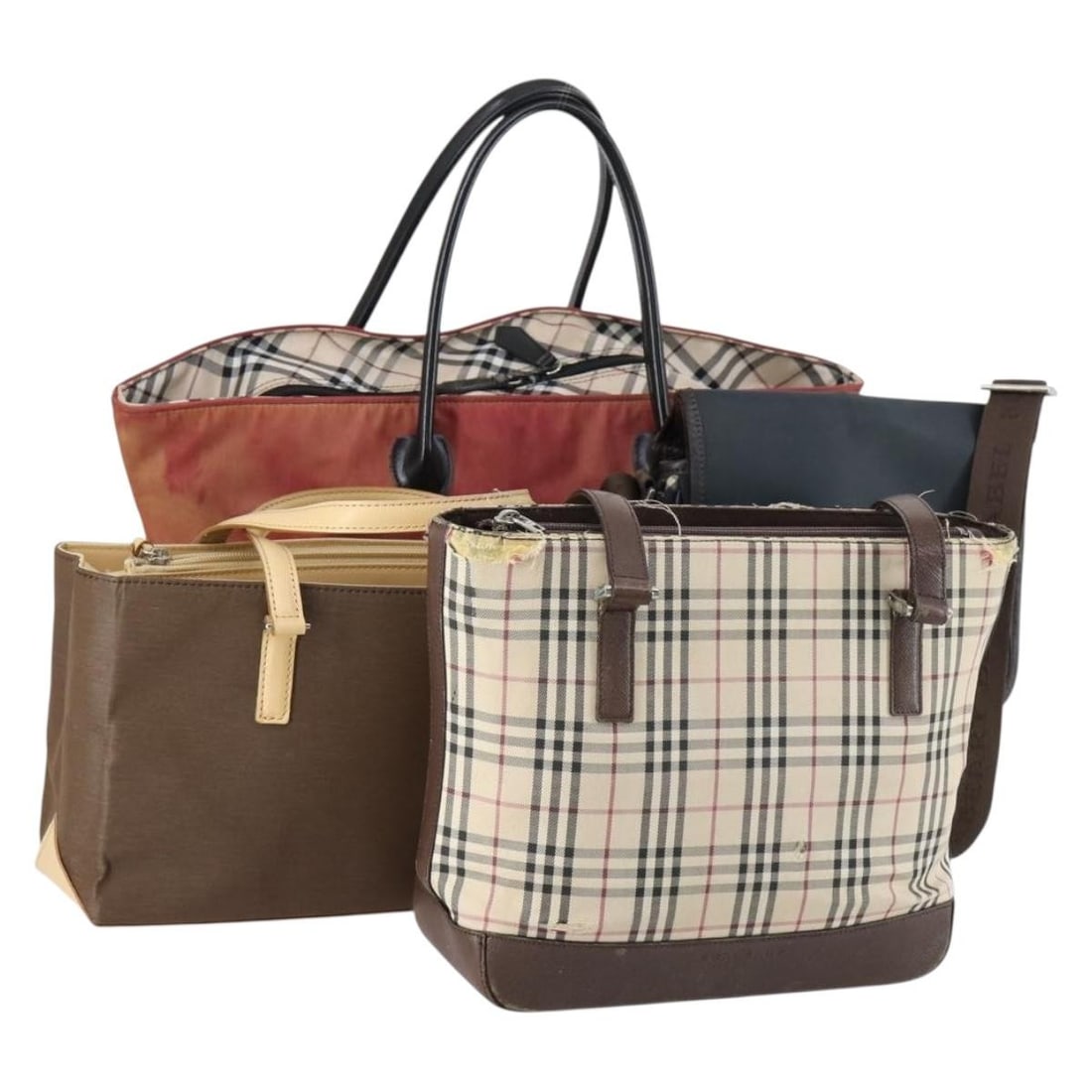Set of 4 Burberry Nova Check Nylon Canvas Shoulder Bags Beige Brown Black: Set of 4 Burberry Nova Check Nylon Canvas Shoulder Bags Beige Brown Black This is a Burberry Nova Check shoulder bag set crafted from nylon with a beige, brown, and black color scheme. The set include