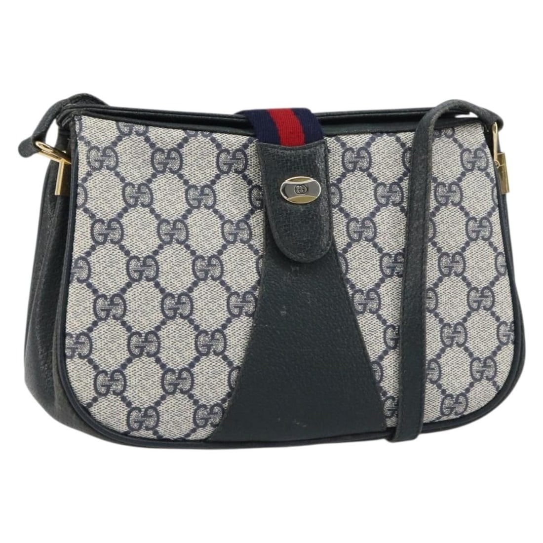 GUCCI GG Supreme Sherry Line Navy Gold Red PVC Shoulder Bag 10 02 024 Auth (1 of 18)