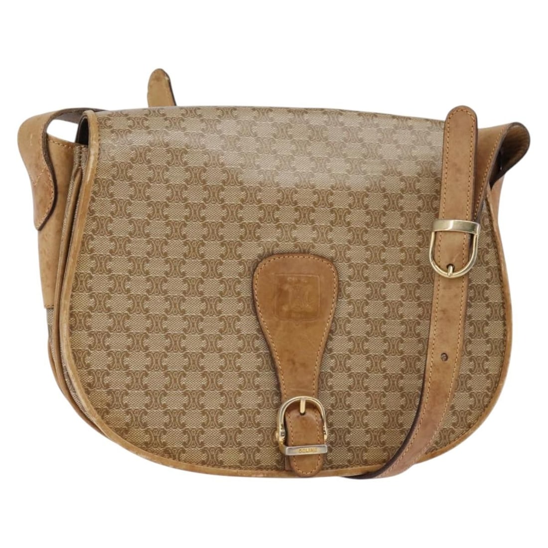 CELINE Macadam Canvas Shoulder Bag Beige Gold PVC Auth Italy: CELINE Macadam Canvas Shoulder Bag Beige Gold PVC Auth Italy This Celine Macadam Canvas Shoulder Bag is a stylish accessory that blends functionality with luxury. Crafted in Italy, it features a chic