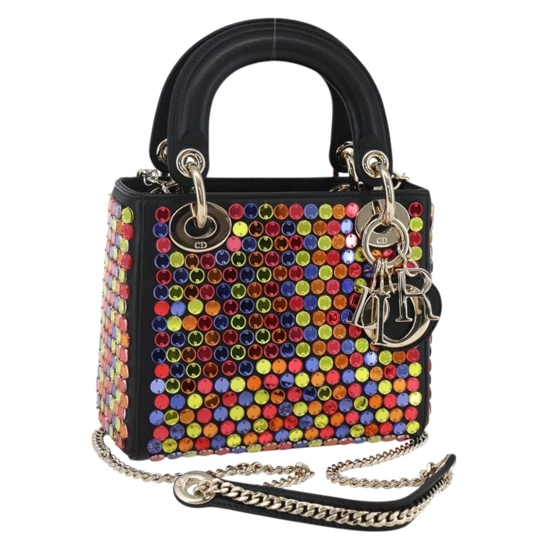 Lady Dior Multicolor Leather Handbag with Chain and Gold Hardware: Lady Dior Multicolor Leather Handbag with Chain and Gold Hardware This Christian Dior Lady Dior Bag features a multicolor leather exterior with gold-tone accents. Designed for versatile use, it can be
